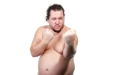 Diet, sport and healthy lifestyle. Funny fat man and proper nutrition.