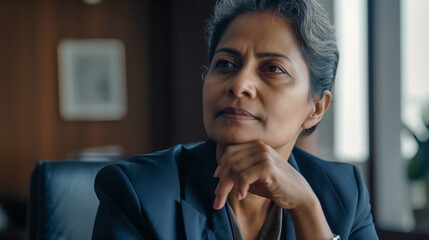 Fototapeta na wymiar Contemplative Successful Middle-aged Indian Executive Businesswoman In Her Office - Generative AI.