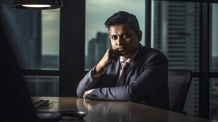 Fototapeta na wymiar Contemplative Successful Young Adult Indian Executive Businessman In His Office - Generative AI.