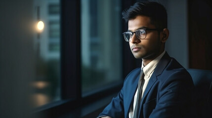 Fototapeta premium Contemplative Successful Young Adult Indian Executive Businessman In His Office - Generative AI.