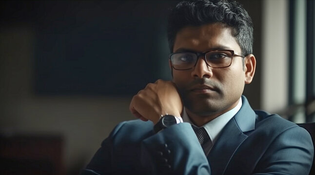 Contemplative Successful Young Adult Indian Executive Businessman In His Office - Generative AI.