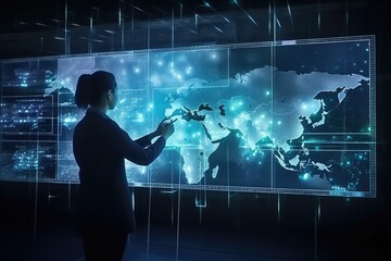 Obraz premium Big data technology and data science. Data scientist analysing and visualizing complex data set on virtual screen. Computing, genomics, artificial intelligence, machine learning - Generative AI