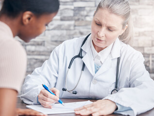 Explaining the procedure and treatment needed. Shot of a doctor going through paperwork during a consultation with a patient in a medical office.