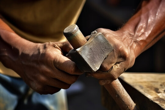 Manos de hombre trabajador albañil o carpintero. Manos con cayos duras trabajando. Generative ai.