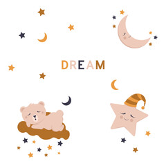Kids illustration with a cute sleeping bear on a cloud, a star and a moon in brown. Good night and sweet dreams. Cartoon kids texture and background. Vector illustration
