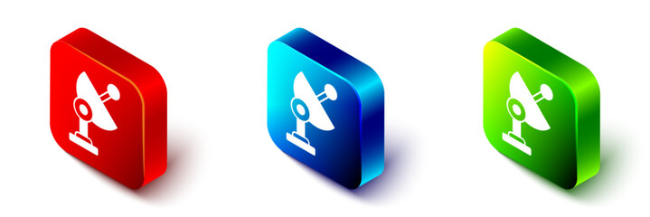 Isometric Radar icon isolated on white background. Search system. Satellite sign. Red, blue and green square button. Vector