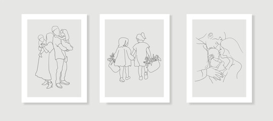 Family love set line art drawing on beige background. Happy family minimal design for wedding card template. Vector illustration