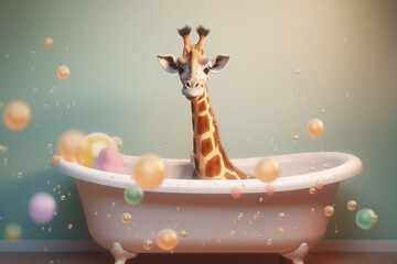 The animal bathes in a bath in tub in soap and bubbles, pastel gentle colors, generative ai