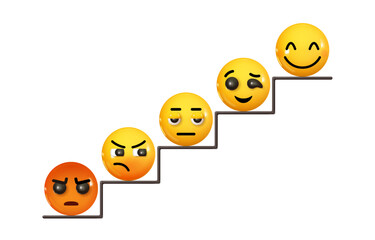 3D emoticons arranging from angry face to smiley face on top step of stair, emotional management skill, self control concept, Vector illustration.