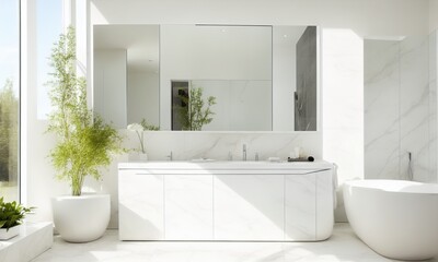 Obraz na płótnie Canvas Modern minimal white marble stone bathroom with mirror (Generative AI)