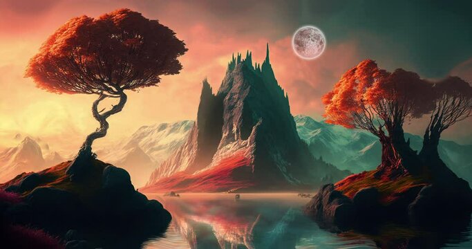 Animation of fantasy landscape with trees and lake, created using generative ai technology