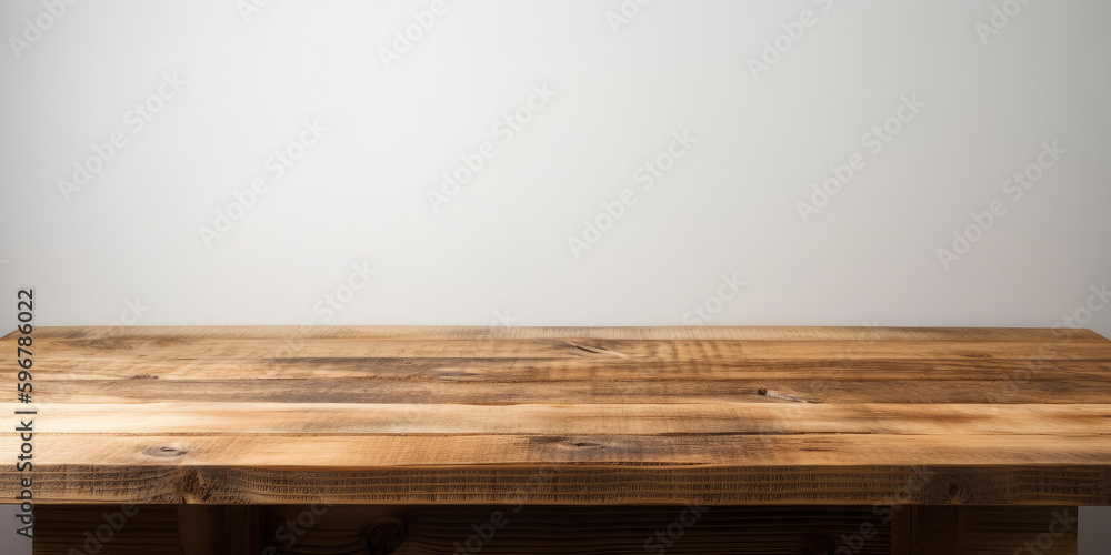 Poster a blank empty wooden table top for product placement. generative ai
