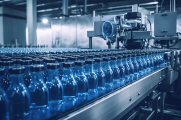Blue factory with conveyor belt producing juice in bottles. Generative AI