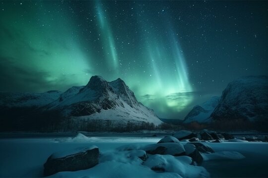 Stunning sky with aurora & stars, blue northern lights backdrop w/ space. Generative AI