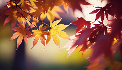 Beautiful maple leaves in autumn sunny day background Ai generated image