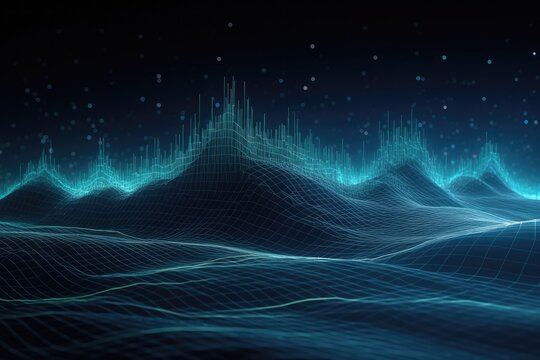 Data technology background with dots and binary code on 3D wave landscape - Generative AI