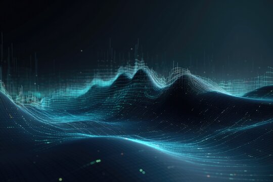 Data technology background with dots and binary code on 3D wave landscape - Generative AI