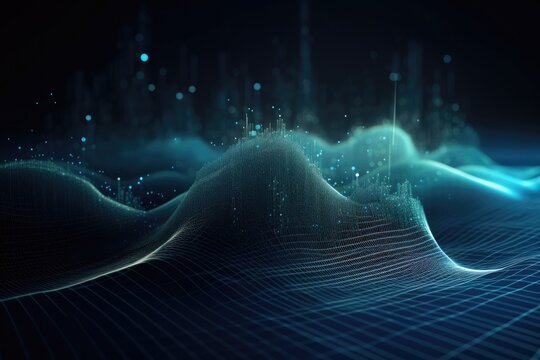 Data technology background with dots and binary code on 3D wave landscape - Generative AI