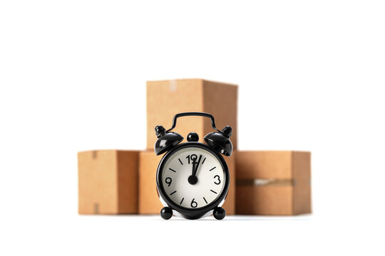 Black alarm clock and cardboard boxes on white background -Concept fast shipping, storage time in the warehouse, delayed delivery