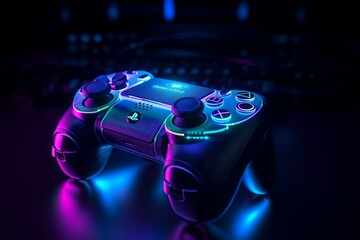 A neon game controller design with a glowing effect set against a space background. Generative AI - obrazy, fototapety, plakaty
