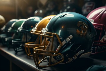 Illustration of American football helmets and field. Generative AI