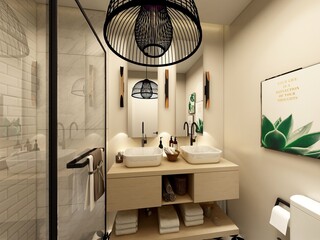 baño de estilo nordico boho con ducha y lavabo doble  - obrazy, fototapety, plakaty