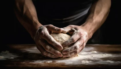 Papier Peint photo Pain Hands of Baker Kneading Dough for Bread Cake