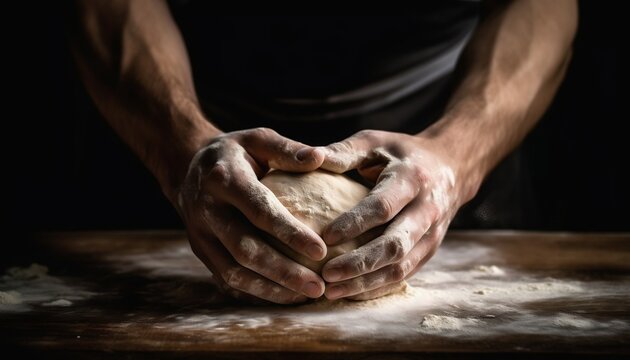 Hands of Baker Kneading Dough for Bread Cake