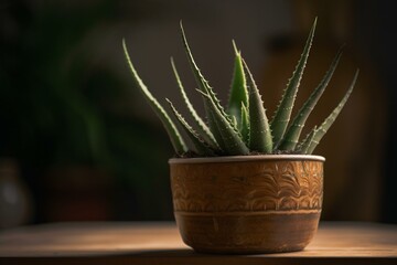 Small aloe plant in a charming pot. Generative AI