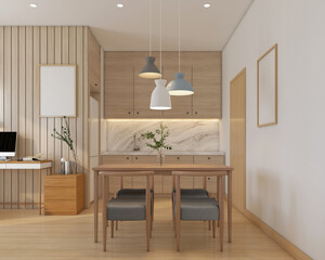 Modern japan style kitchen room decorated with wood cabinet and dining table, white wall and wood slat wall. 3d rendering