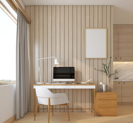 Modern japan style home office desk decorated with wood desk and drawers, white wall and wood slat wall. 3d rendering