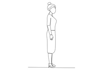 A woman facing right forms a 90-degree angle. Angles one-line drawing