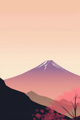 Fototapeta premium Japanese mountain view, vintage album art, retro poster illustration, Generative AI