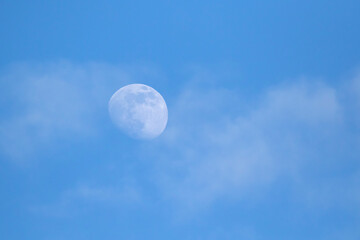 Naklejka na ściany i meble Moon in blue sky during daytime with some light clouds