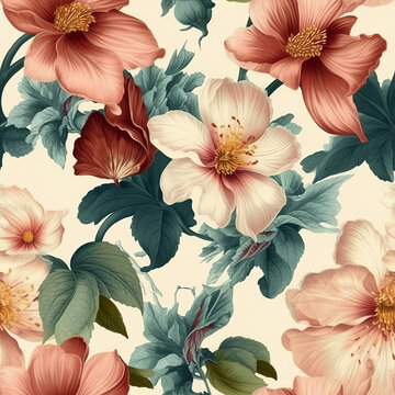 motif floral r&eacute;p&eacute;titif vintage, couleurs chatoyantes de fleurs et feuilles. Explorez une collection intemporelle de designs floraux r&eacute;p&eacute;titifs, offrant des nuances chatoyantes et des textures d&eacute;lic