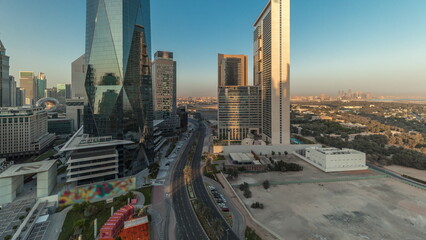 Fototapeta na wymiar Panorama showing Dubai International Financial district aerial timelapse. View of business and financial office towers.