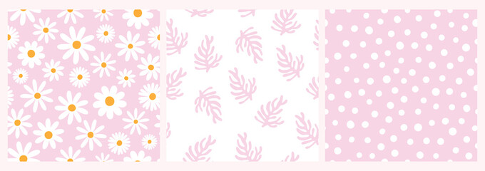 Abstract contemporary seamless patterns, floral modern design, daisy flowers, aesthetic backgrounds, wallpapers set, modern minimalist decoration, pink colors