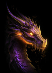 Fantasy dragon art for gaming cover art. Isolated on black background. Dragon head with smoke. Purple and black color. Ai generated artwork