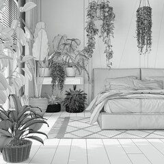 Blueprint unfinished project draft, home garden, minimal bedroom. Master bed, parquet floor and many houseplants. Urban jungle interior design. Biophilia concept