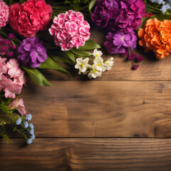 A wood background topped with lots of beautiful flowers. blank space. Abstract natural floral layout with text space and copy space. Wedding invitation. 
 Women, Mother's Day ai-generated