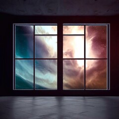 large window, dramatic space scene.