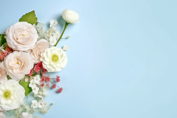 Obraz na płótnie Canvas A blue background topped with beautiful flowers such as baby's breath, rose, cherry blossom and ranunculus. for banners, cards, mockups, backgrounds and template ai-generated