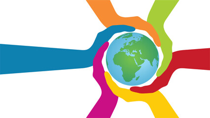 Banner with colorful hands holdin planet earth in a ring. Responsibility, sustainability, teamwork and cooperation. Dimension 16:9.