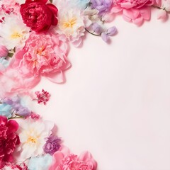A light pink background topped with lots of beautiful flowers such as Lilac, rose, cherry blossom, Hydrangea, carnations and Peony, Abstract natural floral layout with copy space. - AI-generated