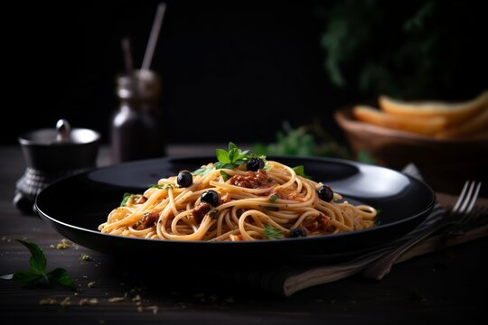 Spaghetti Pasta with Black Olives on Dark Background