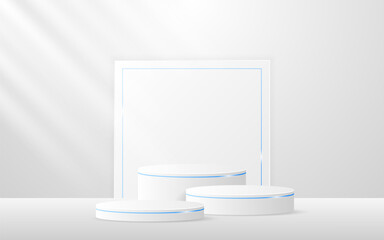 Multi-tiered white podiums with squares shapes and elegant blue lines for displaying advertisements. Display of cosmetic products. stage or podium. vector illustration
