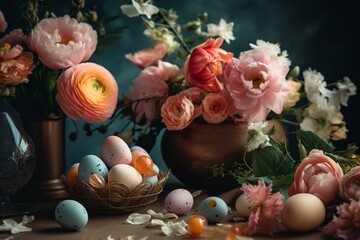 Fototapeta na wymiar Easter arrangement of flowers and eggs on a soft-focus backdrop. Generative AI