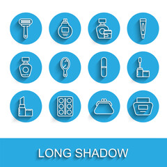 Set line Lipstick, Eye shadow palette, Shaving razor, Clutch bag, Cream lotion cosmetic tube, Hand mirror, Mascara brush and Nail file icon. Vector