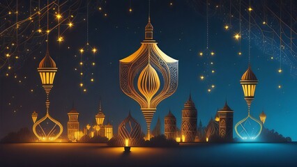 Fototapeta na wymiar Celebrate Eid with this Beautiful Illustration of Mosque and Star-Moon Ornament in the Background
