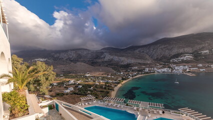 Panorama showing Amorgos island aerial timelapse from above. Greece